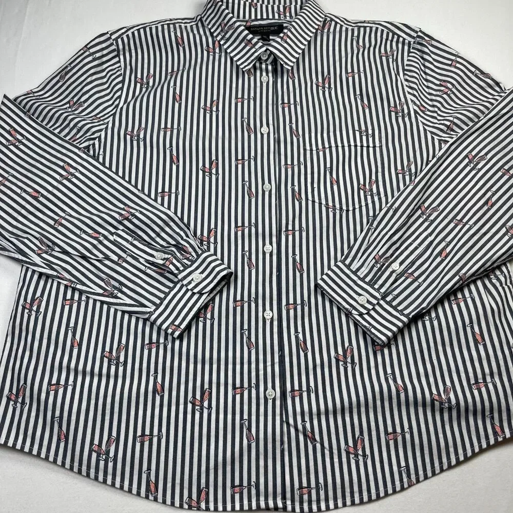 Banana Republic Shirt Men XL White Black Striped Champagne Glasses Quinn Boy-Fit